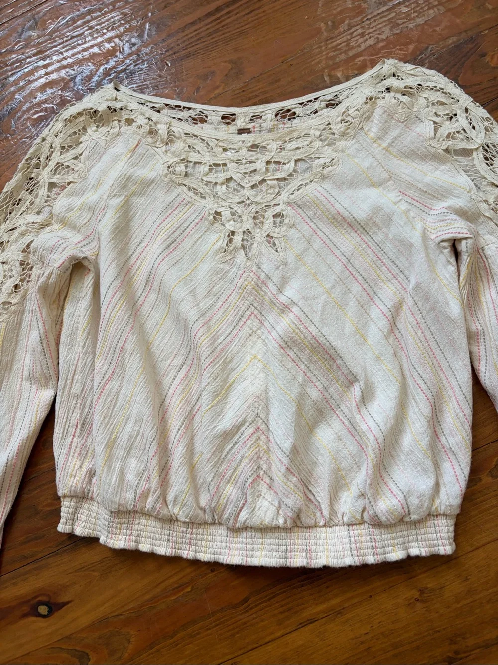 Free People Floating Memories Blouse Retro Crochet Lace Ivory size L Boho